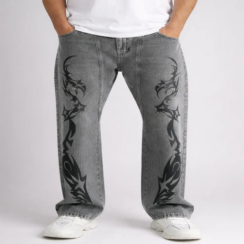 Black shaded Tribal Print Wide-Leg Baggy Jeans for Men